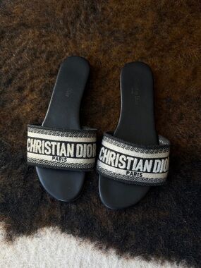 Christian Dior Dway Slides Sandals Black And White Size 37